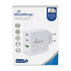 MediaRange 65W GaN Fast Charging Adapter — 2× USB-C, 1× USB-A, White